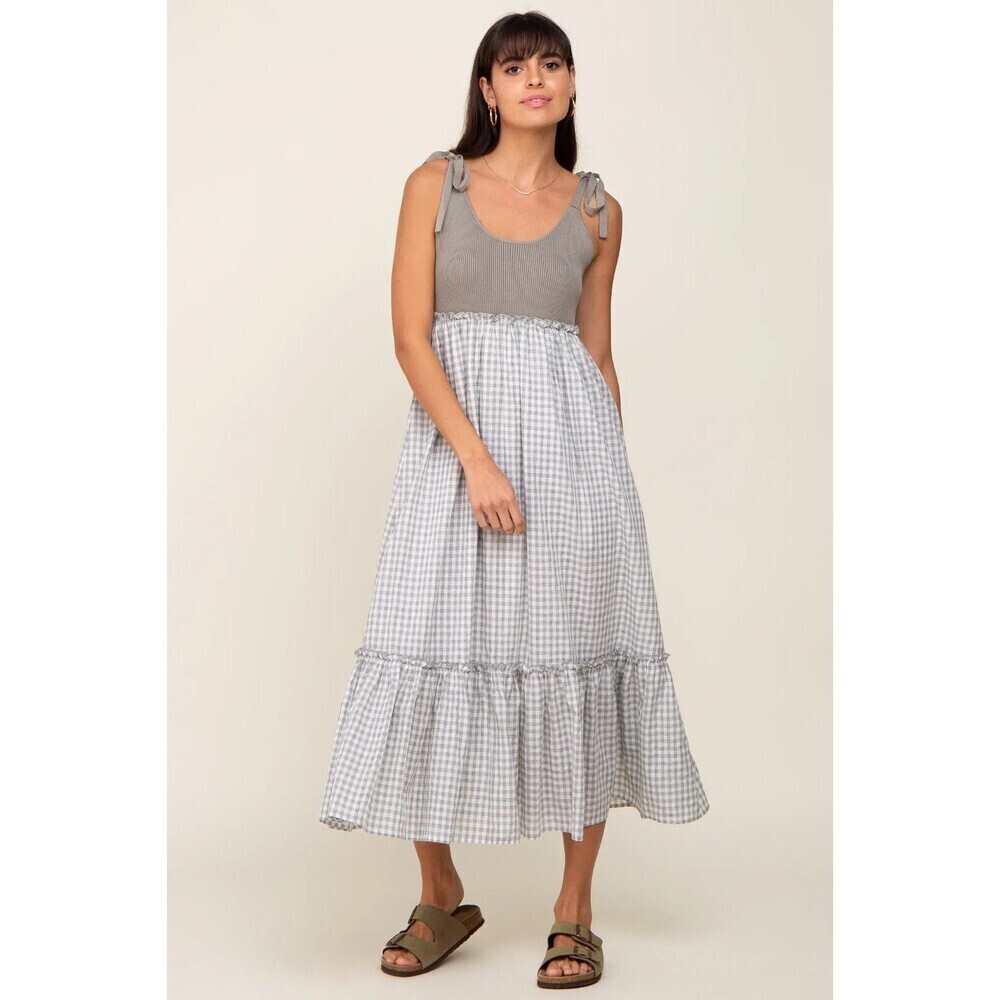 &Merci Womens A-Line Dress Gray L Gingham Colorblock Ruffled Spaghetti Strap